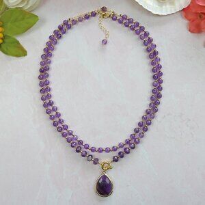 Soothing - Gold-Toned Amethyst Teardrop - 17.5 + 2" Inch - Designer Necklace